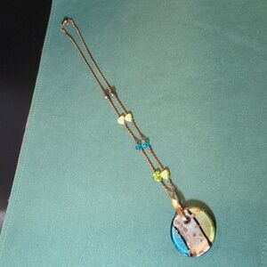 Artisan Glass Necklace Multicolor Blue Silver Green Beads Circle Handmade